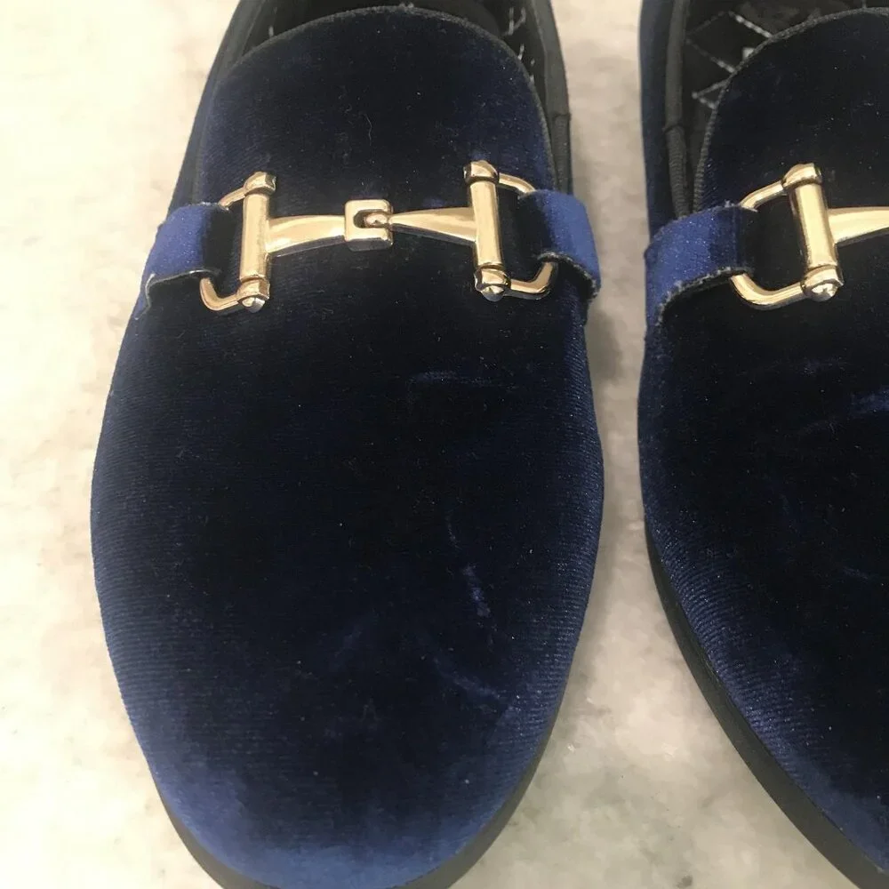 Steve Madden Loafers Shoes Mens Size 7.5 Navy Velvet Horsebit Slip On Coime Gold
